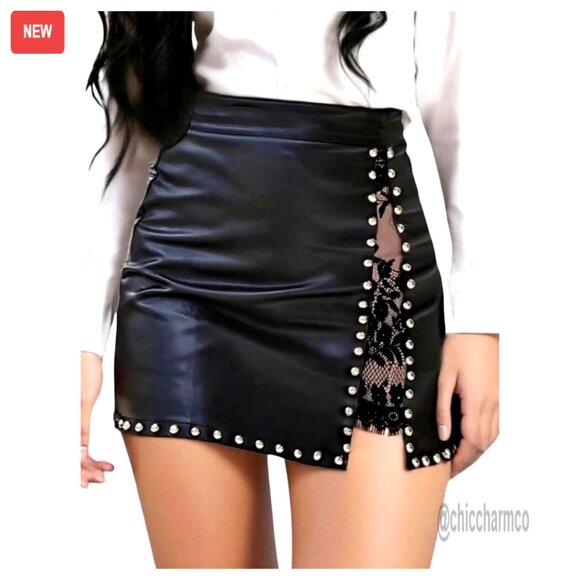 Dresses & Skirts - Faux Leather Mini Skirt with Studs and Lace Side Slit